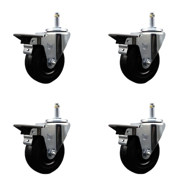 4'' Hard Rubber Wheel Swivel 7/16'' Grip Ring Stem Caster Set with Brake, 4PK